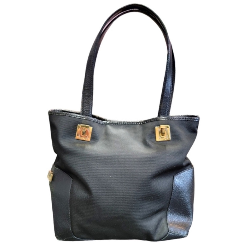 Salvatore Ferragamo VINTAGE Black Canvas & Leather Shoulder Bag w/Gold Hardware